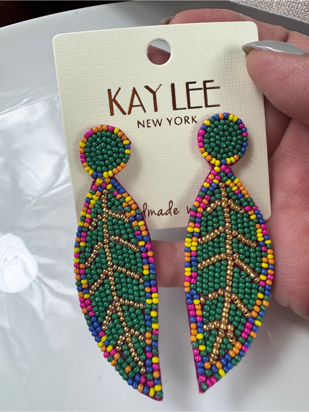 Green Multicolor Beaded Leaf Drop Earrings - Picture 6 of 6